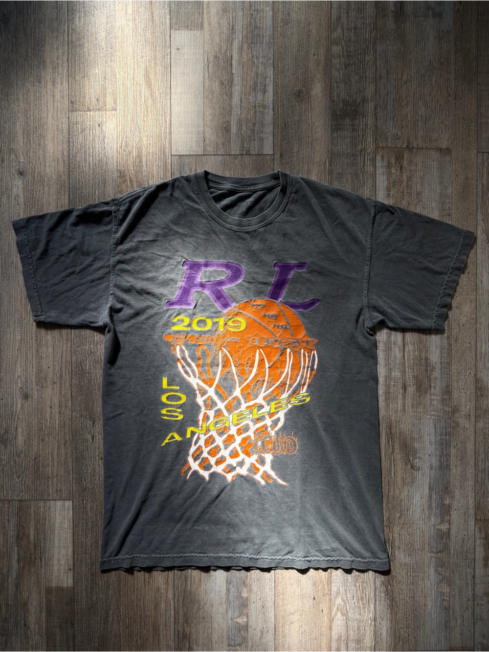 Los Angeles Graphic Basketball Tee in Black with Orange & Purple Print